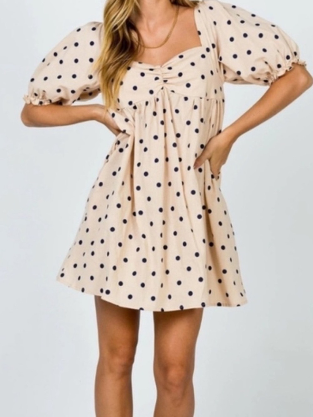 DISSH Beige Polka Dot Puff Sleeve Mini Dress Open Back Cottagecore